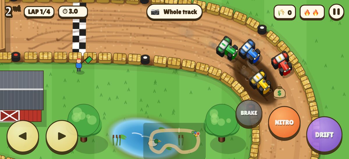 Four tractors racing through a muddy bend in the close-up camera