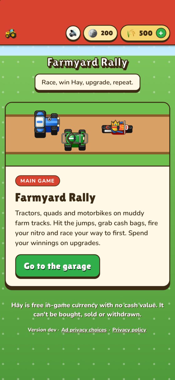 The Farmyard Rally home screen on an iPhone